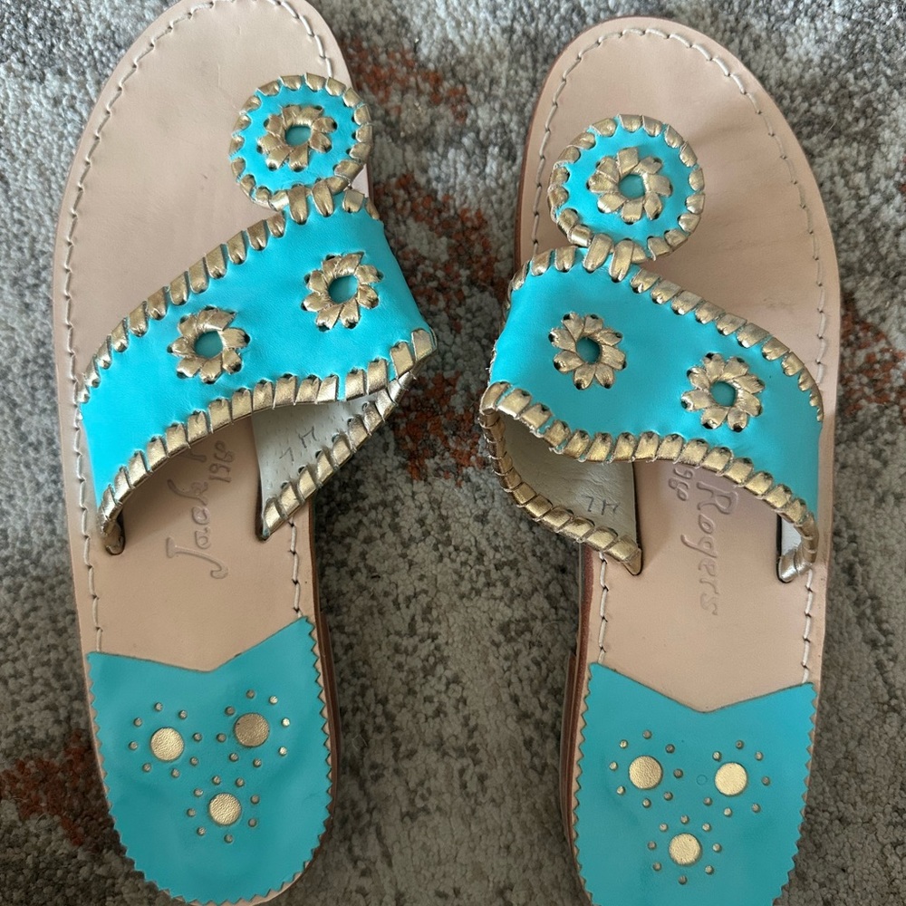 Jack Rogers teal & gold sandals size 7